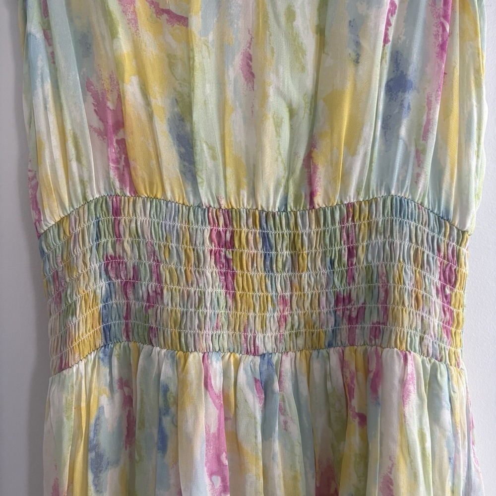 Anthropologie Dress Women 0 Watercolor Smocked Waist Flounce Hem Split Neck Maxi - Picture 7 of 8